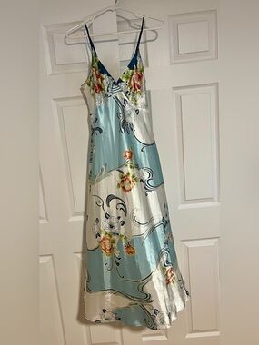 VTG 80s Oscar de la Renta Pink Label Blue Floral Maxi Slip Dress M